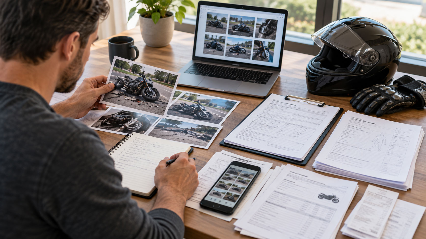 Man sitting at a desk reviewing printed photos of a damaged motorcycle, with a laptop displaying similar images, a helmet and gloves nearby, and stacks of forms and notes spread out for an insurance or accident evaluation.