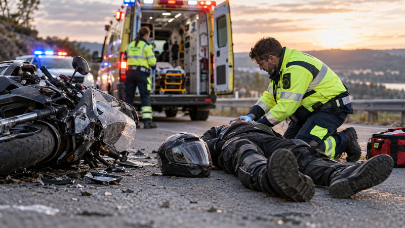 Paramedic kneeling beside an injured motorcyclist on a road after a crash, providing medical assistance near a damaged motorcycle and helmet, with an ambulance and police vehicles in the background under a sunset sky.