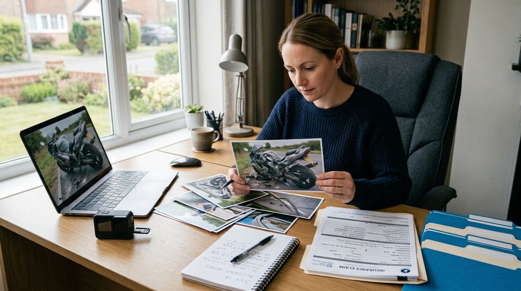Rider reviewing motorcycle accident photos, camera footage, and insurance documents at a desk.