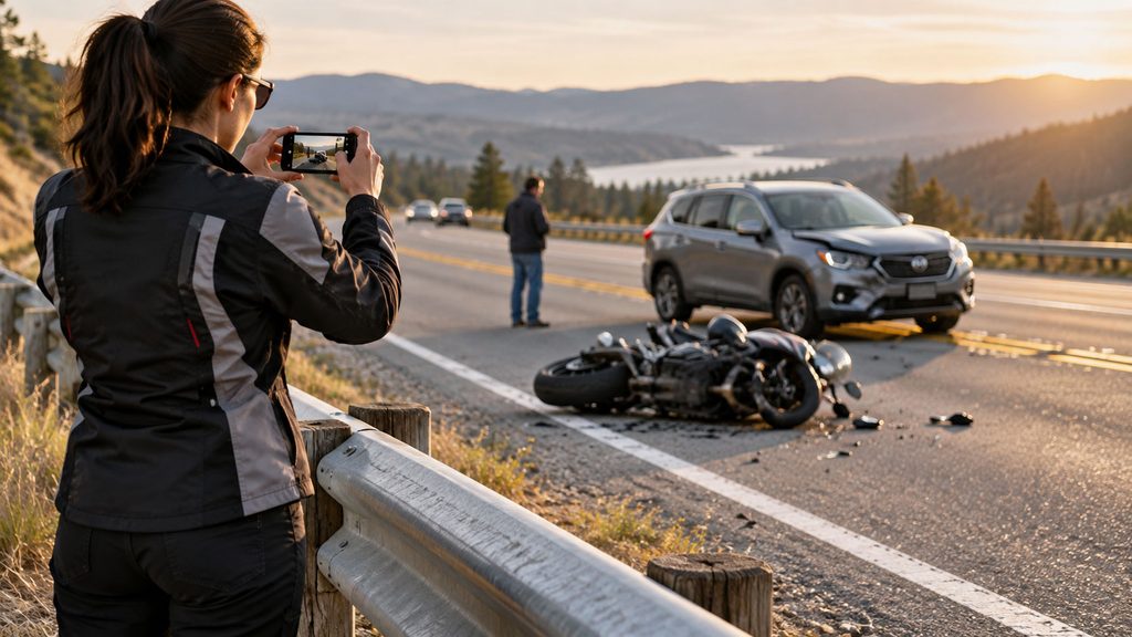 Woman in a motorcycle jacket photographing a crash scene on a mountain highway, with a damaged motorcycle lying on the road near a silver SUV, while another person stands nearby under a warm sunset sky overlooking hills and a lake.
