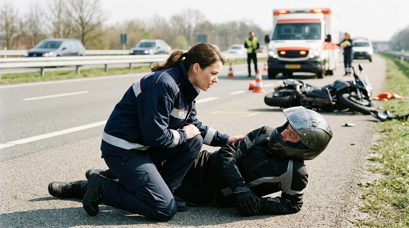 First responder assessing a helmeted motorcyclist at a secured roadside accident scene.